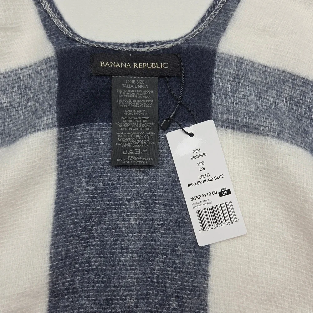 Banana Republic Plaid Poncho Wrap Shawl Blue White Cashmere Blend NWT $119